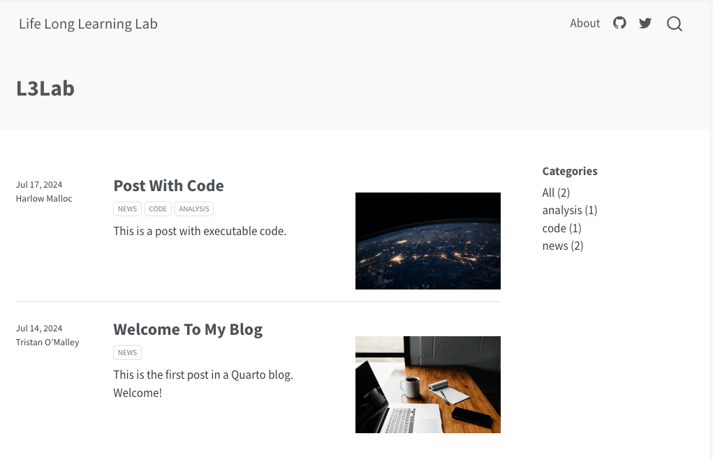 Screenshot of the blog’s homepage. The grey title banner consists of two line. On the top left corner: 'quarto-pb-blog'. On the top right corner: 'About' and the icons for GitHub, X formerly Twitter and a magnifying glass for a search engine. On the lower left side: 'L3Lab' in bold. The white main page consists of four columns. It contains form left to right two rows of dummy data: Date and author; title of blog post in bold, buttons for categories, short summary; image; a list of categories with numbers of their appearances in parenthesis.