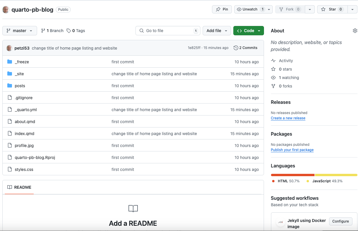 Listing the committed files on the GitHub repo web page in three columns. Name, commit message ('First commit' for all lines) and time ('19 minutes ago' for all lines). At the top left of this list there is a small profile picture of me, followed by the name of my GitHub account 'petzi53' and the text 'first commit'. On the top left of this list there is a small profile picture of me, followed by the name of my GitHub account 'petzi53' and the text 'title of homepage listing and website'. On the top side you can see the unique commit code '1e825ff' followed by the text '15 minutes ago' and in bold '2 Commits'
