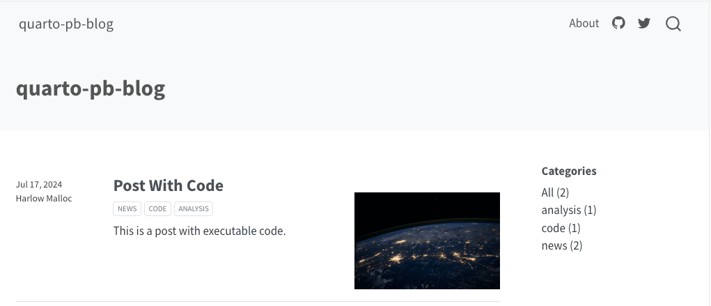 Screenshot of the blog’s homepage. The grey title banner consists of two line. On the top left corner: 'quarto-pb-blog'. On the top right corner: 'About' and the icons for GitHub, X formerly Twitter and a magnifying glass for a search engine. On the lower left side: 'quarto-pb-blog' in bold. The white main page consists of four columns. It contains form left to right dummy data: Date and author; title of blog post in bold, buttons for categories, short summary; image; a list of categories with number of their appearances in parenthesis.