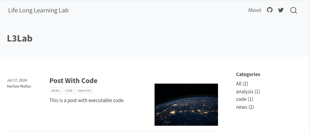 Screenshot of the blog’s homepage. The grey title banner consists of two line. On the top left corner: 'quarto-pb-blog'. On the top right corner: 'About' and the icons for GitHub, X formerly Twitter and a magnifying glass for a search engine. On the lower left side: 'L3Lab' in bold. The white main page consists of four columns. It contains form left to right one row of dummy data: Date and author; title of blog post in bold, buttons for categories, short summary; image; a list of categories with numbers of their appearances in parenthesis.